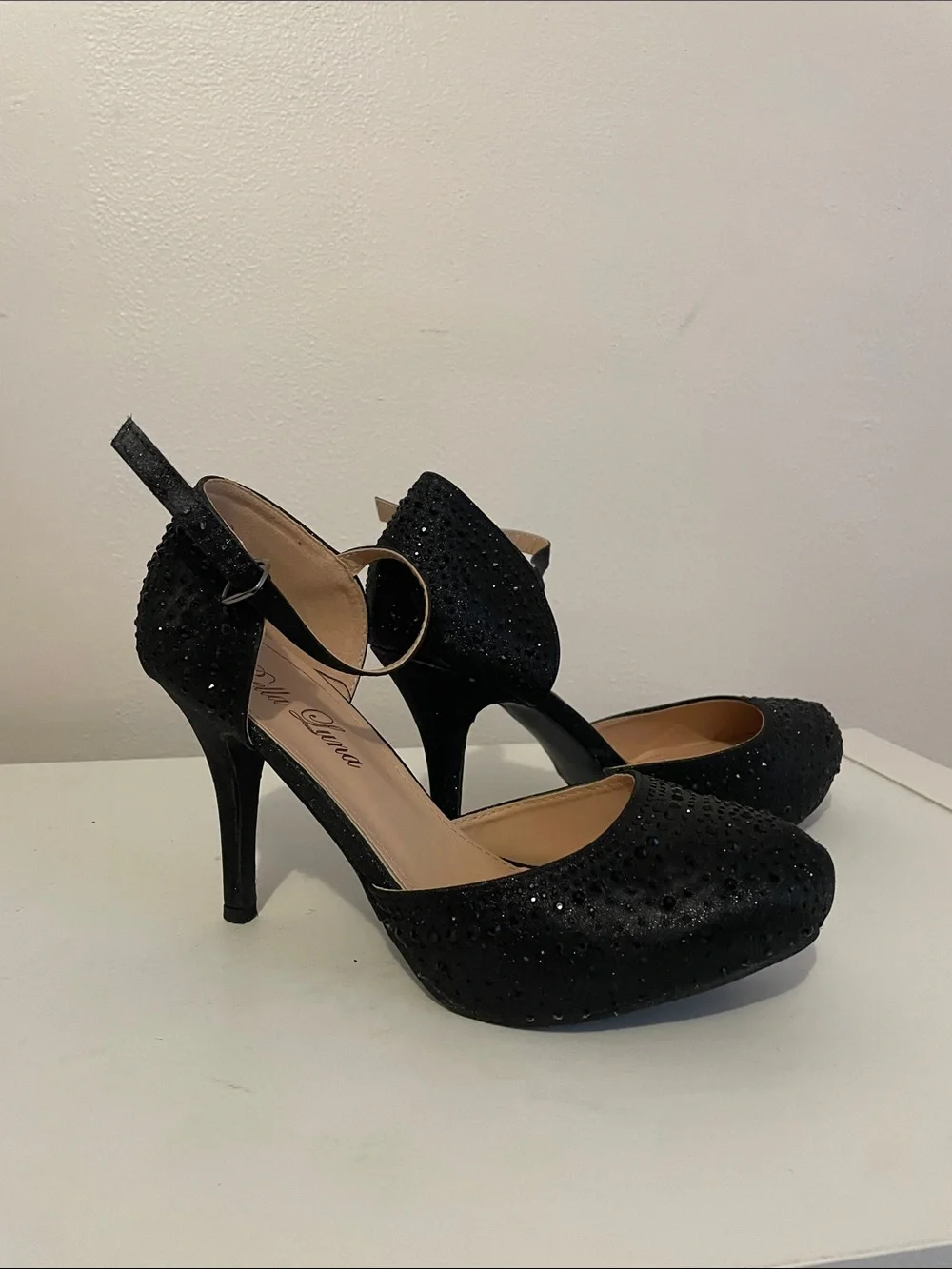 Black Rhinestone Ankle-Strap Platform Heels